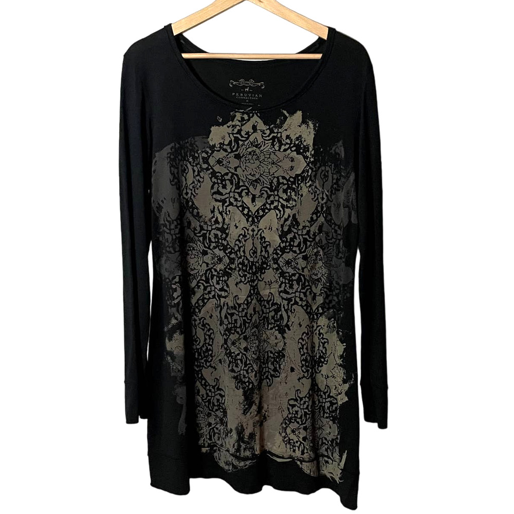 Peruvian Connection Bohemian Long Sleeve Tee Shirt Dress Size Medium